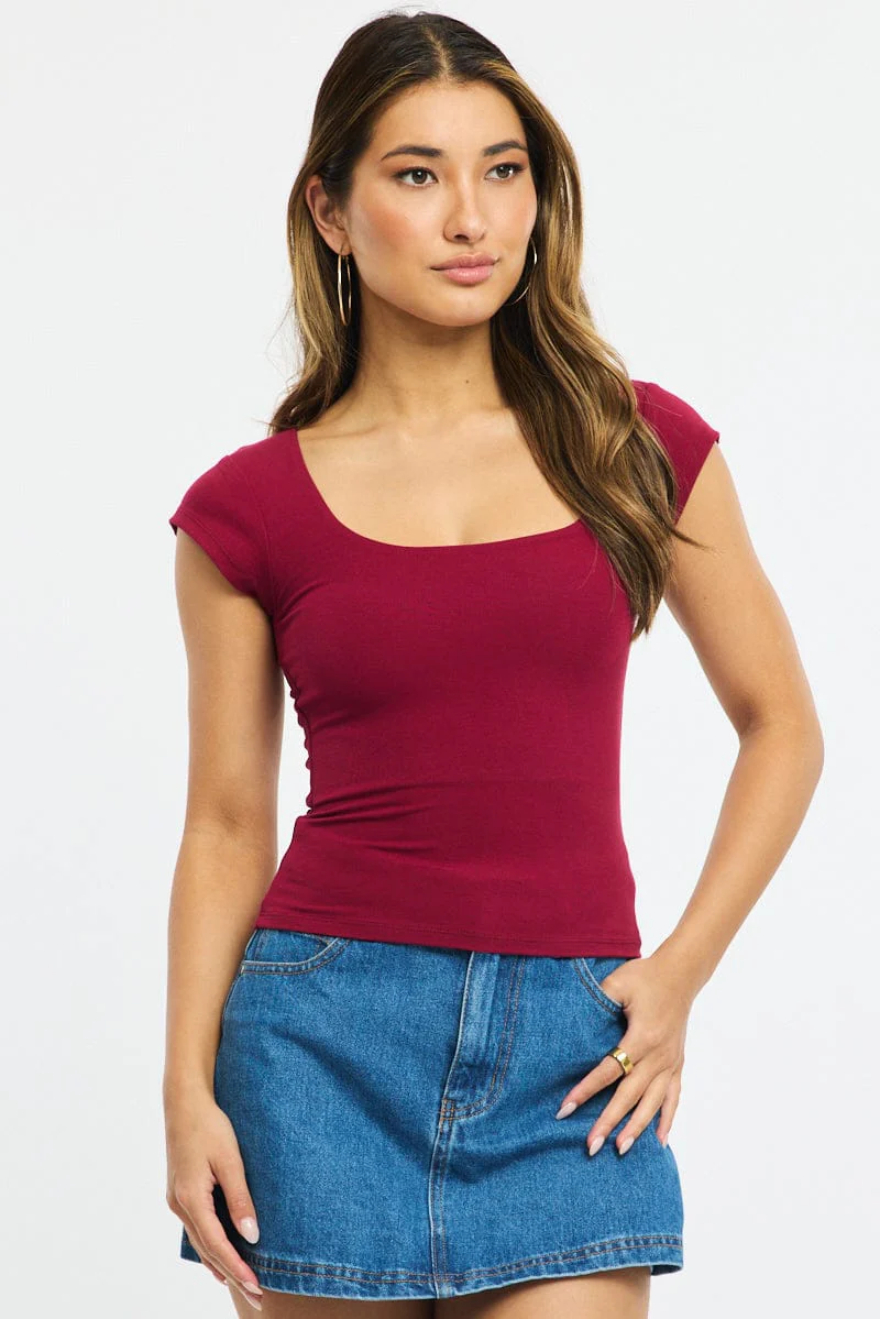 Red Square Neck T-shirt Cap Sleeve