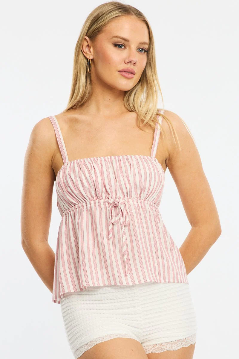 Red Stripe Cami Top Sleeveless Front Tie Babydoll
