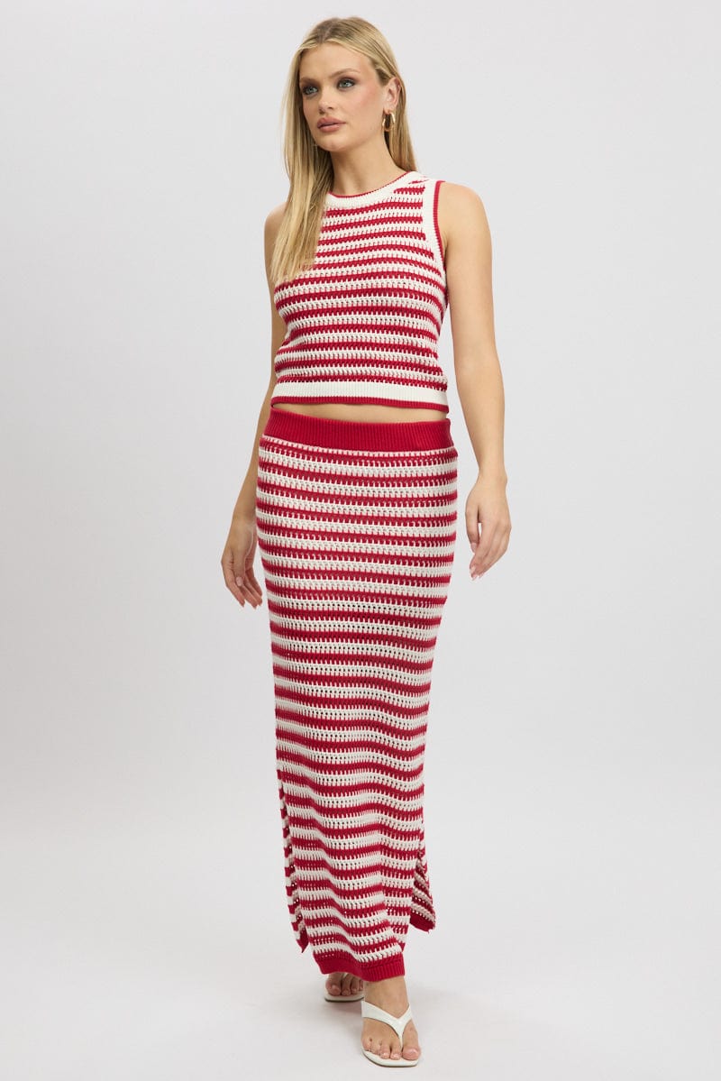 Red Stripe Crochet Knit Skirt Elastic Waist Midi Lined - Image 3