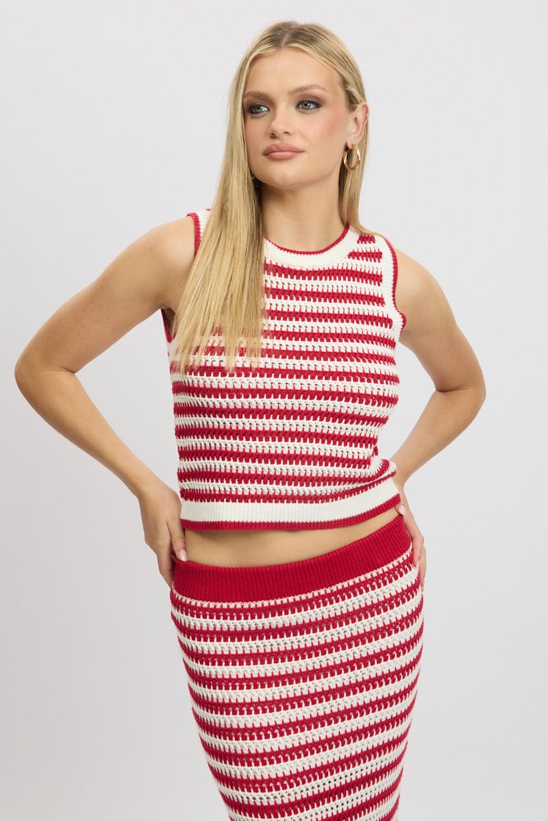 Red Stripe Crochet Knit Vest Sleeveless - Image 3