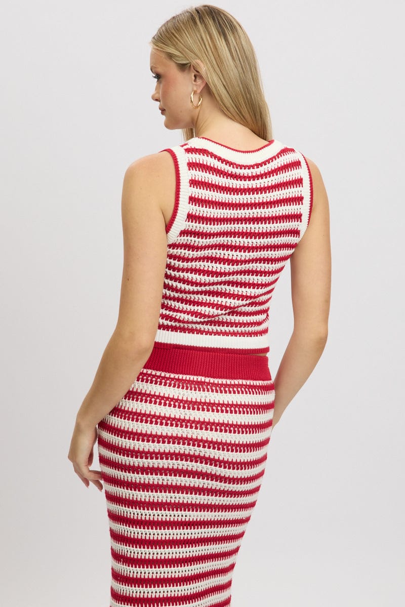 Red Stripe Crochet Knit Vest Sleeveless - Image 5