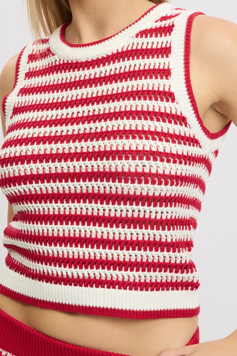 Red Stripe Crochet Knit Vest Sleeveless - Image 6