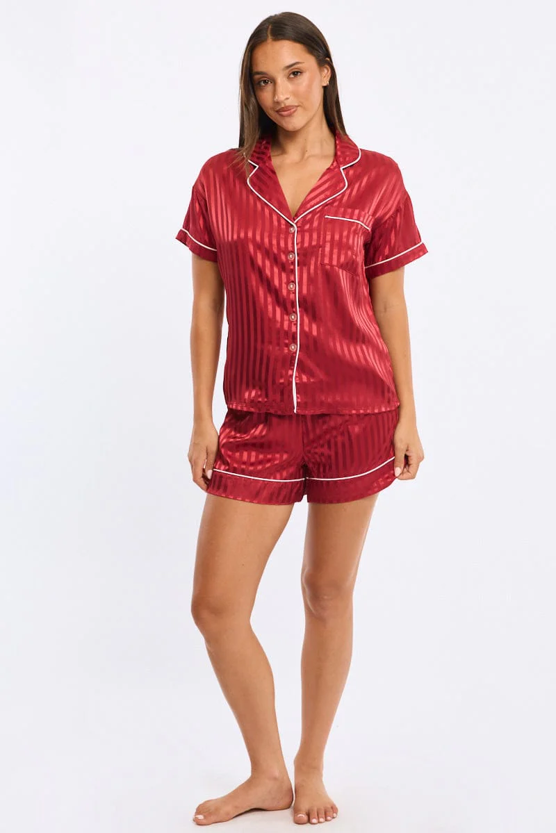 Red Stripe Pyjamas Set Short Sleeve Satin Jacquard