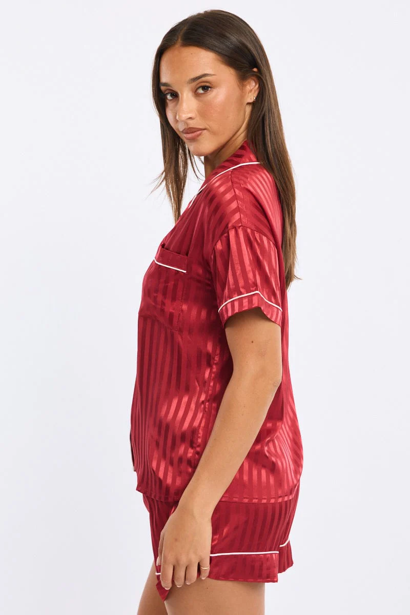 Red Stripe Pyjamas Set Short Sleeve Satin Jacquard - Image 3
