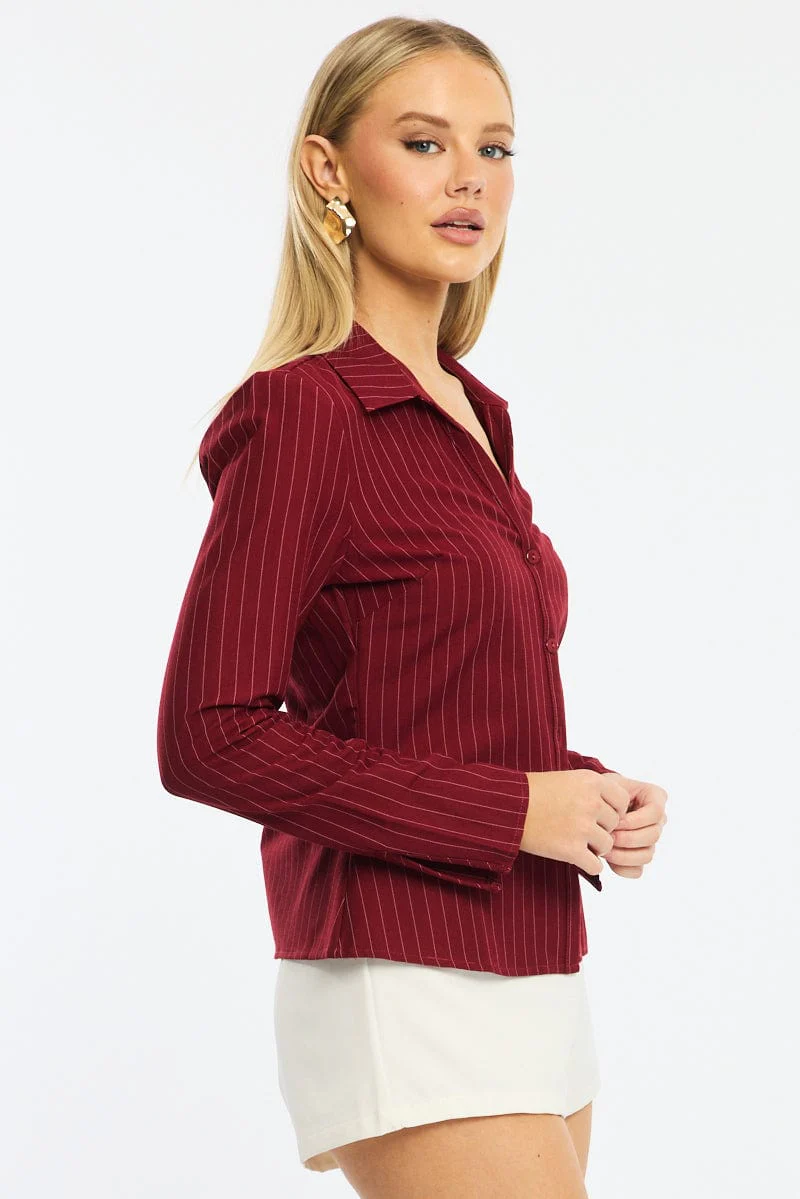 Red Stripe Shirt Long Sleeves Collared Button Up Pinstripe - Image 3
