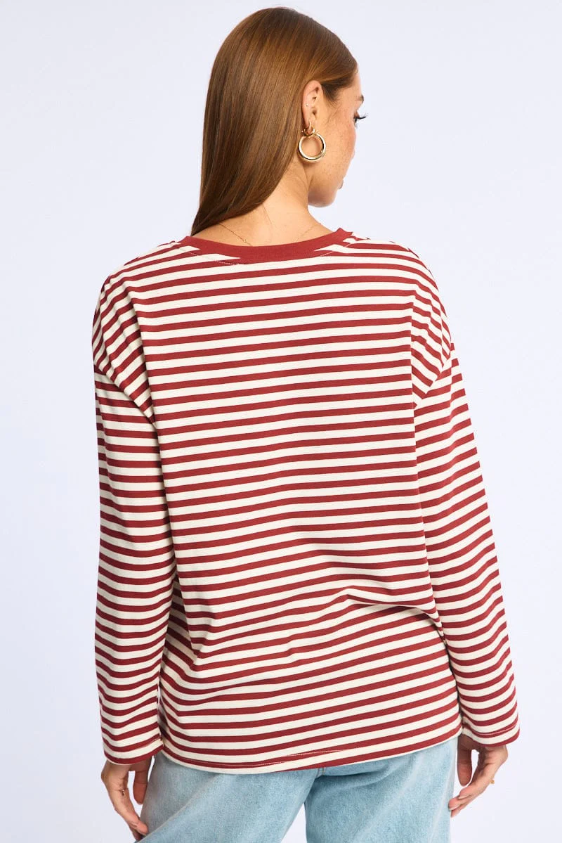 Red Stripe Striped Top Crew Neck Long Sleeve - Image 4