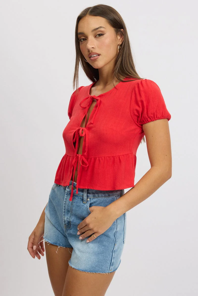 Red Tie Front Top Puff Sleeve - Image 4