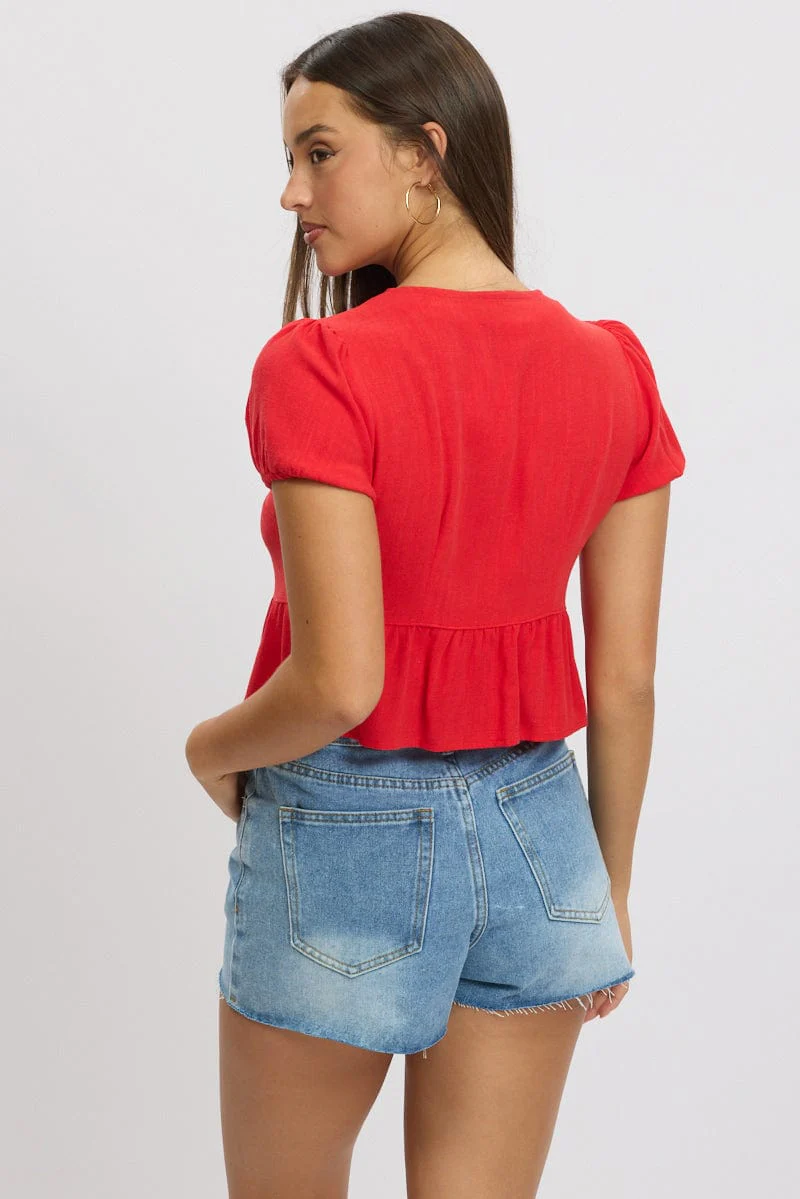 Red Tie Front Top Puff Sleeve - Image 5