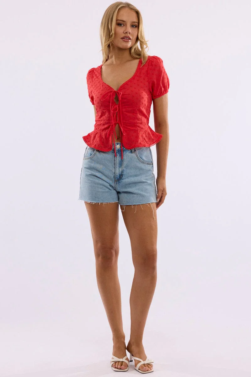Red Tie Up Top Short Sleeve Eyelet - Image 2