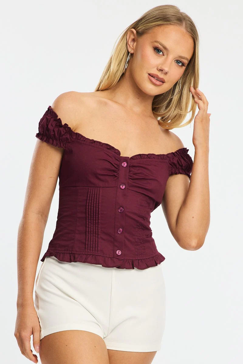 Red Top Short Sleeve Gathered Bust Pleated Detail
