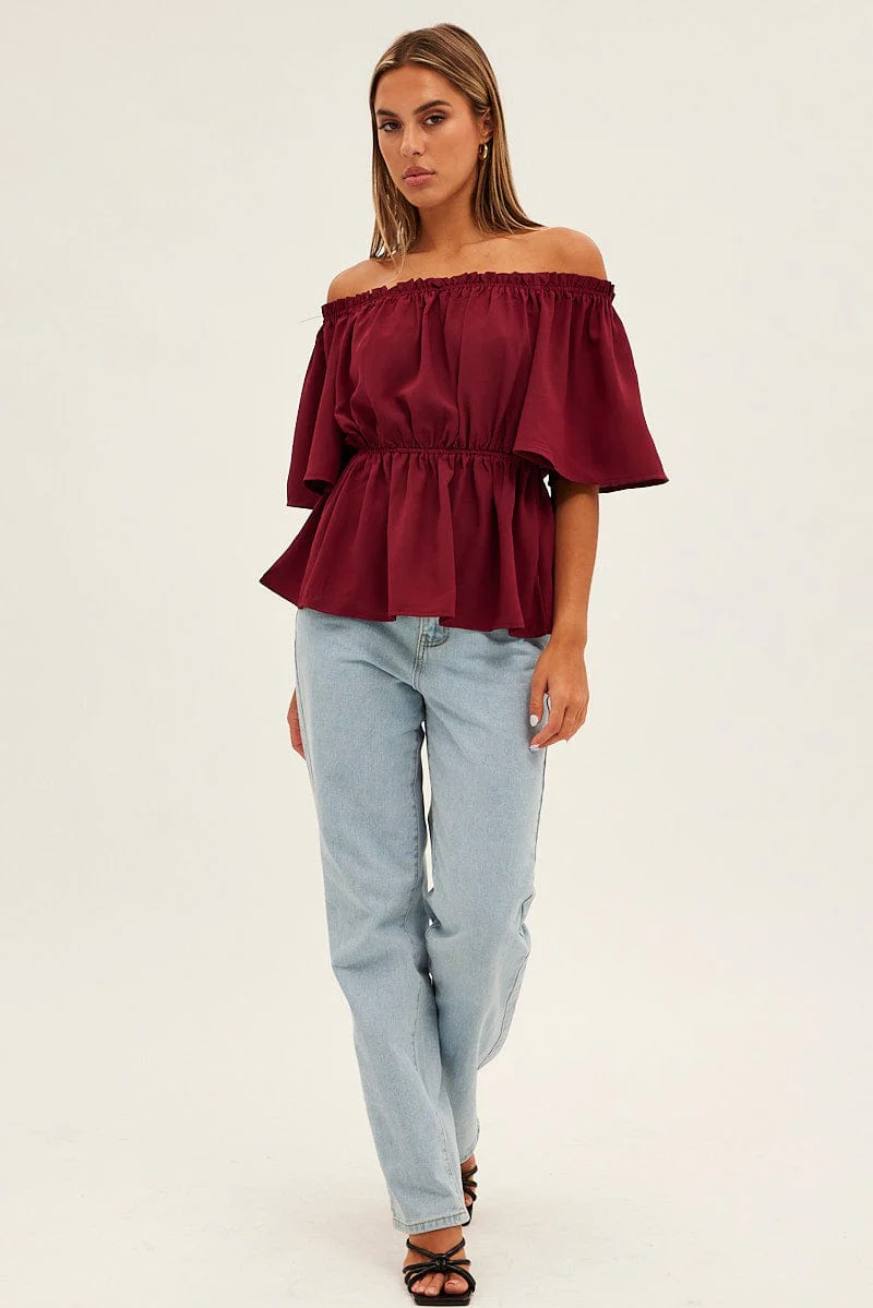 Red Top Short Sleeve Off Shoulder Longline Flutter - Image 2