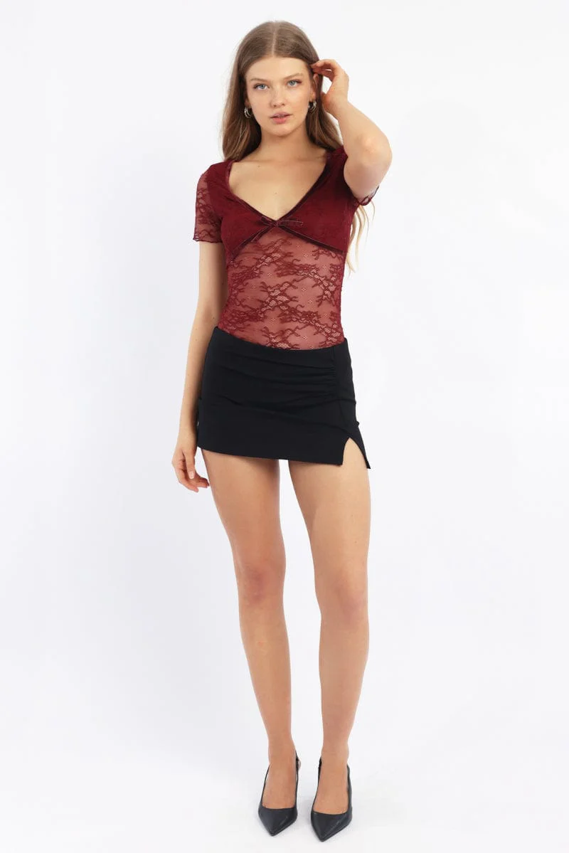 Red V-neck Top Short Sleeve Lace - Image 2