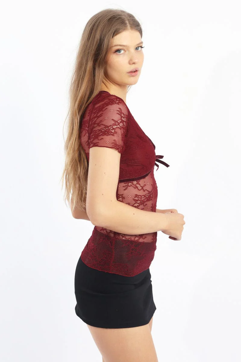 Red V-neck Top Short Sleeve Lace - Image 3