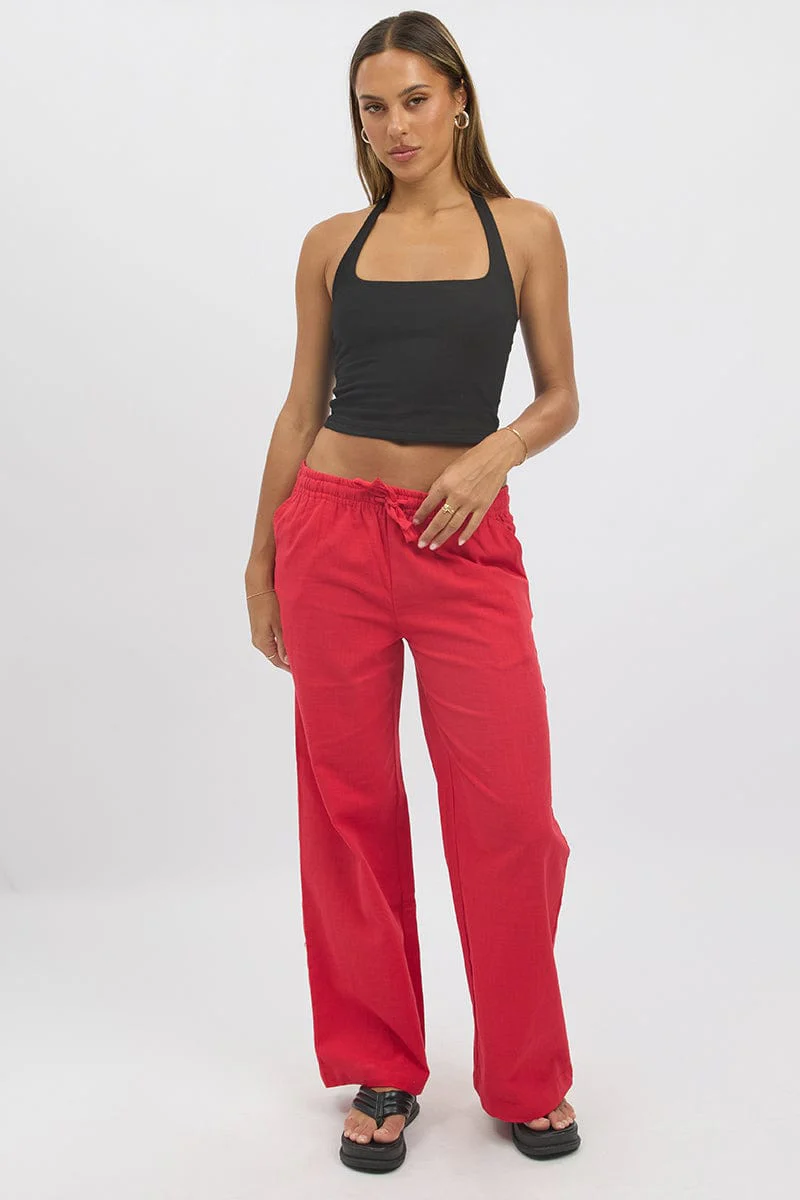 Red Wide Leg Pants Elasticated - Image 2