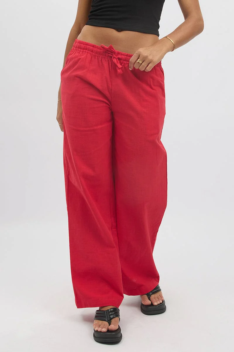 Red Wide Leg Pants Elasticated - Image 3