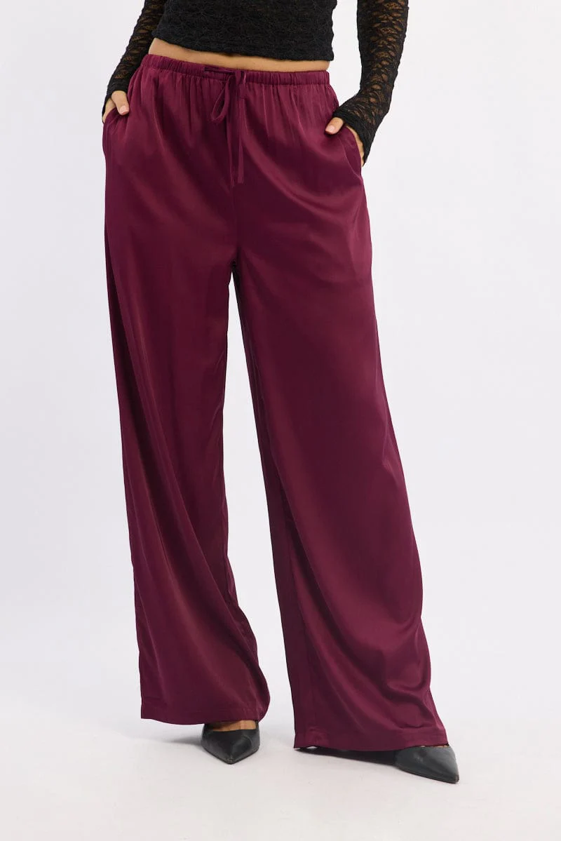 Red Wide Leg Pants High Rise Satin - Image 2