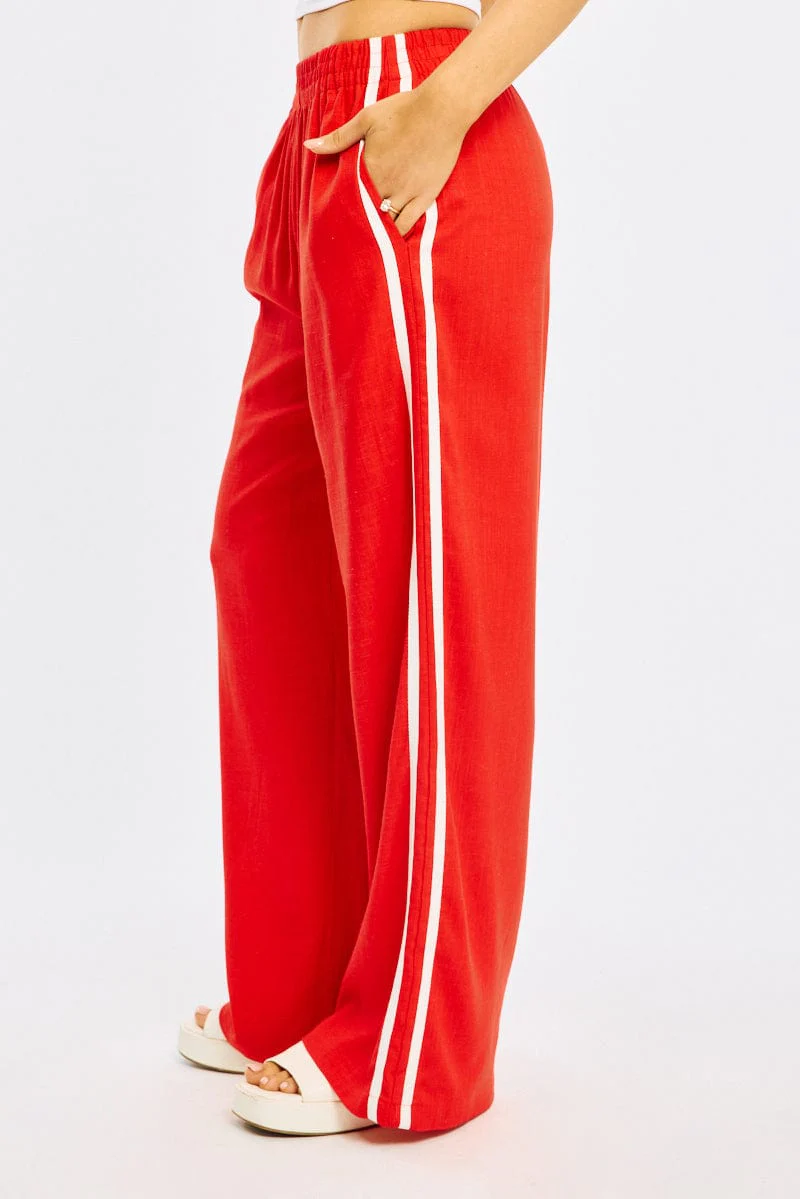 Red Wide Leg Pants Side Stripe - Image 2