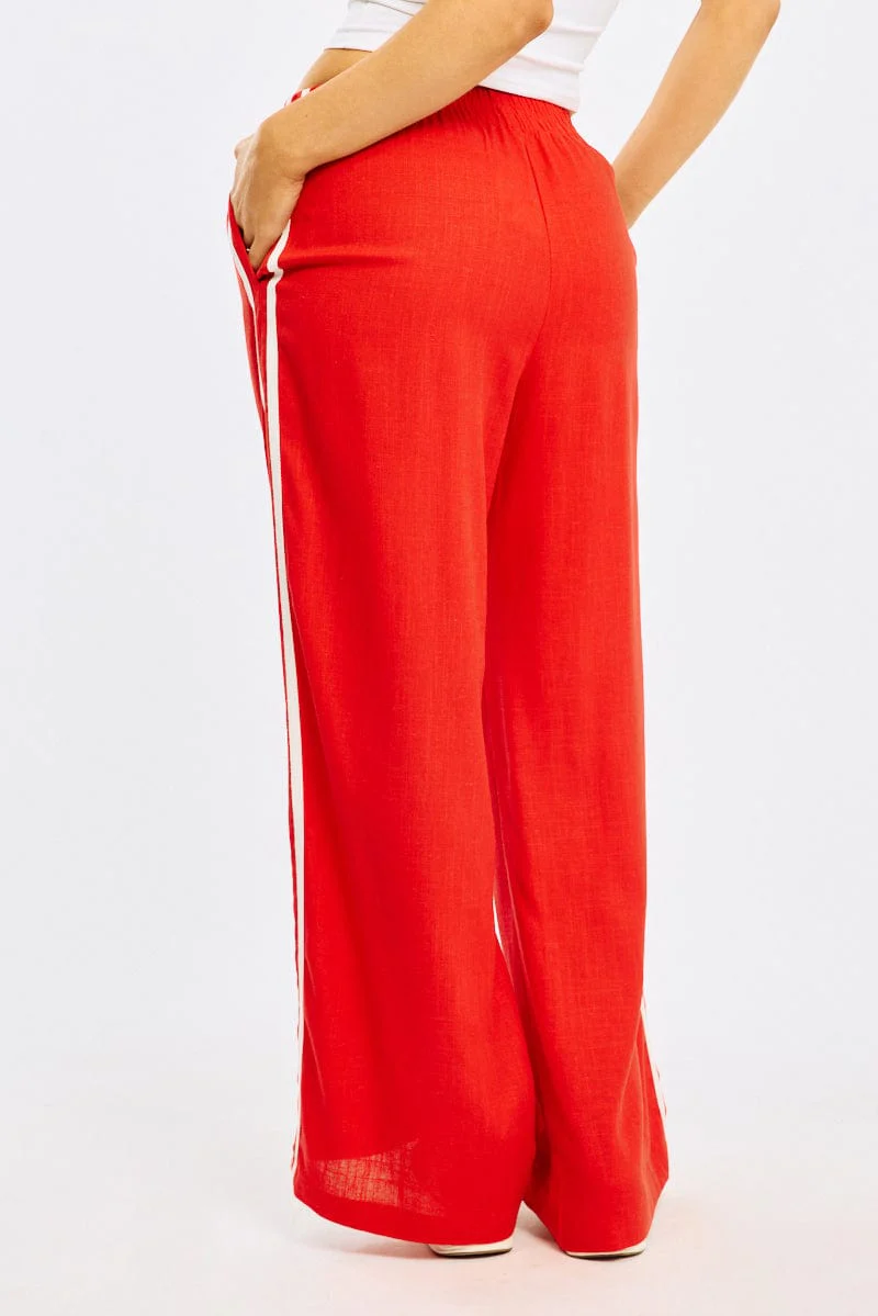Red Wide Leg Pants Side Stripe - Image 4
