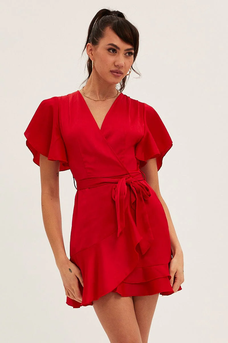 Red Wrap Dress Evening Satin - Image 3