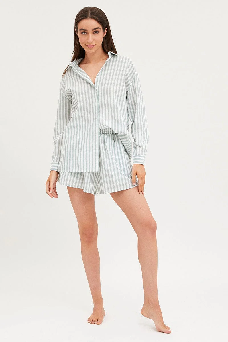 Stripe  Linen Pajamas Set Long Sleeve