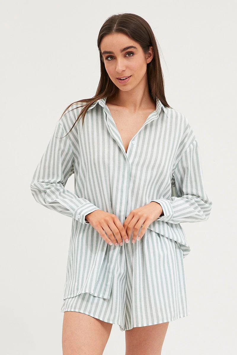 Stripe  Linen Pajamas Set Long Sleeve - Image 2