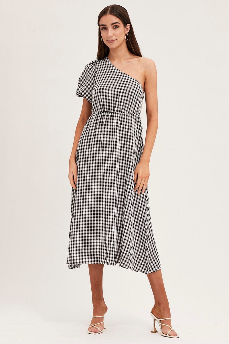 Stripe Check One Shoulder Midi Dress - Image 3