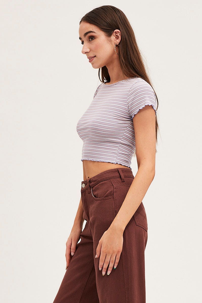 Stripe Crew Neck Short Sleeve Crop T-Shirt - Image 4