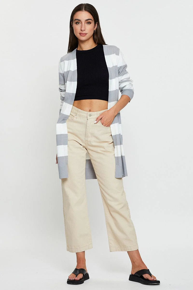 Stripe Knit Cardigan Long Sleeve Relaxed Longline - Image 2
