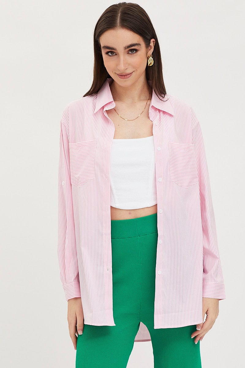 Stripe Oversized Shirts Long Sleeve Collared - Image 3