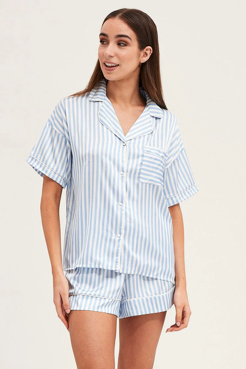 Stripe Satin Short Sleeve Top & Shorts Pj Set - Image 3