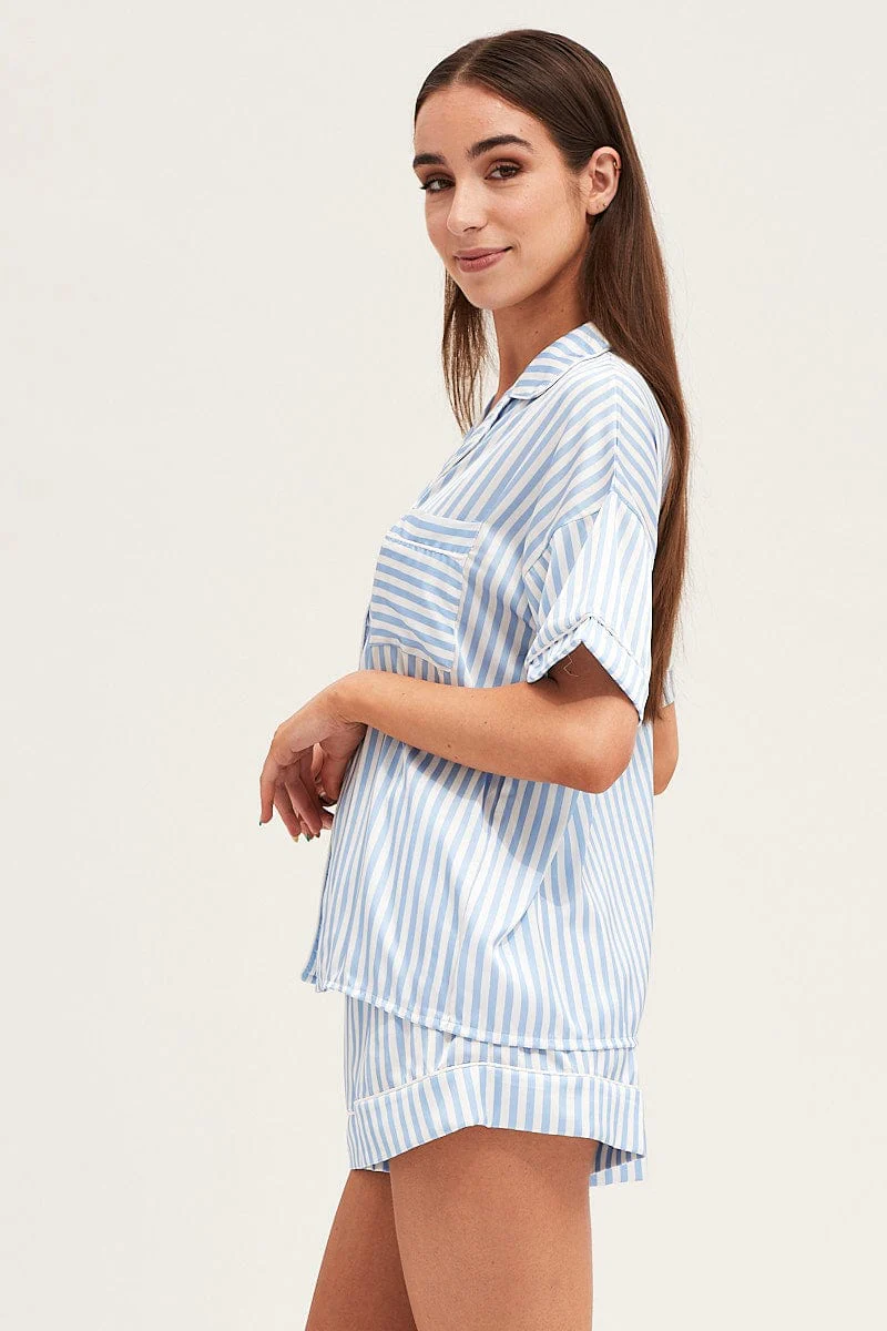 Stripe Satin Short Sleeve Top & Shorts Pj Set - Image 4