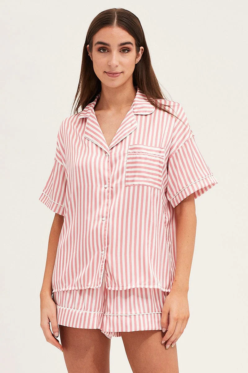 Stripe Satin Short Sleeve Top & Shorts Pj Set - Image 2