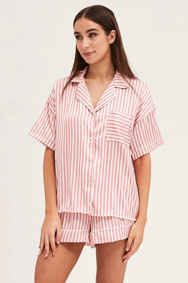 Stripe Satin Short Sleeve Top & Shorts Pj Set - Image 3