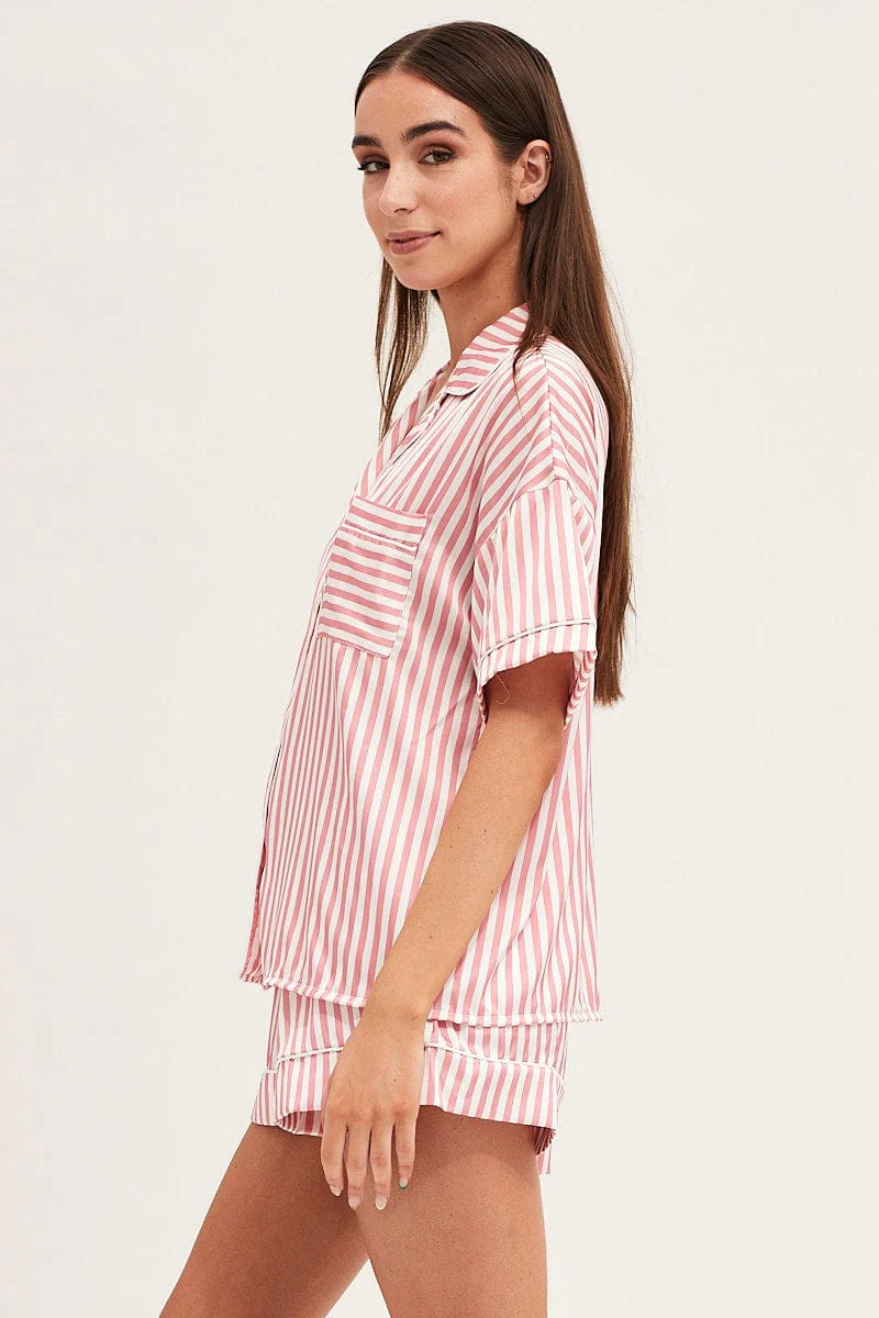 Stripe Satin Short Sleeve Top & Shorts Pj Set - Image 4