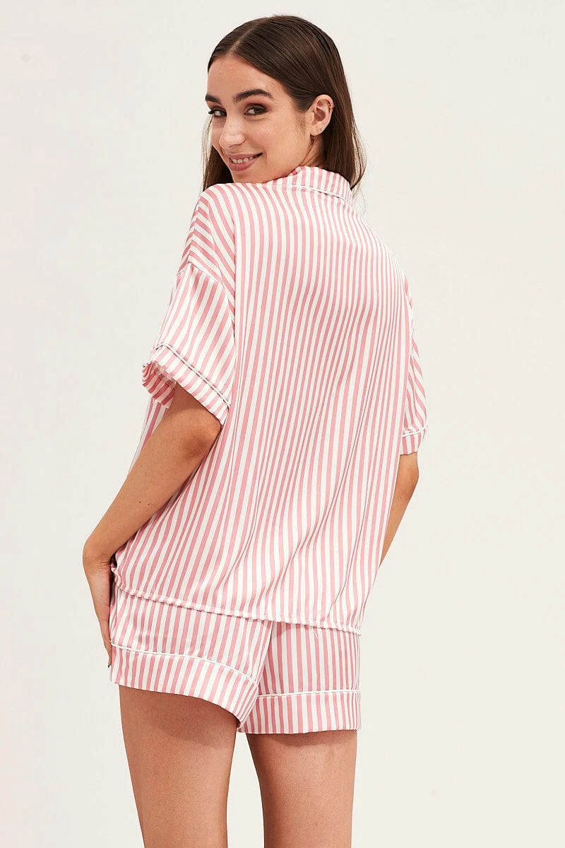 Stripe Satin Short Sleeve Top & Shorts Pj Set - Image 5