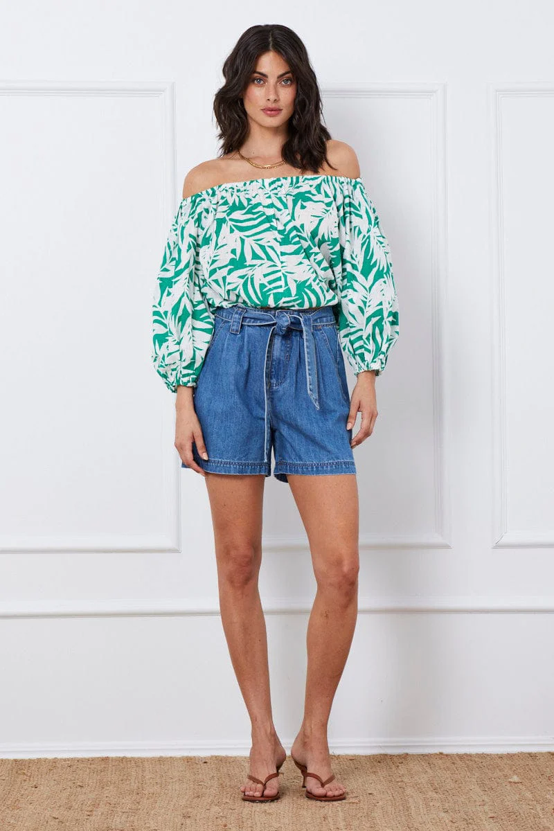 Trop Print Crop Top Long Sleeve Off Shoulder - Image 2