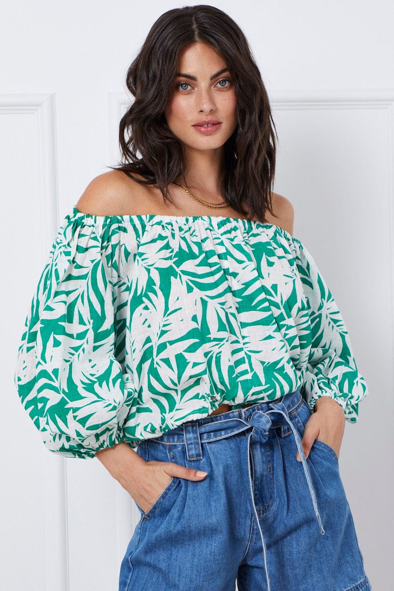 Trop Print Crop Top Long Sleeve Off Shoulder - Image 3