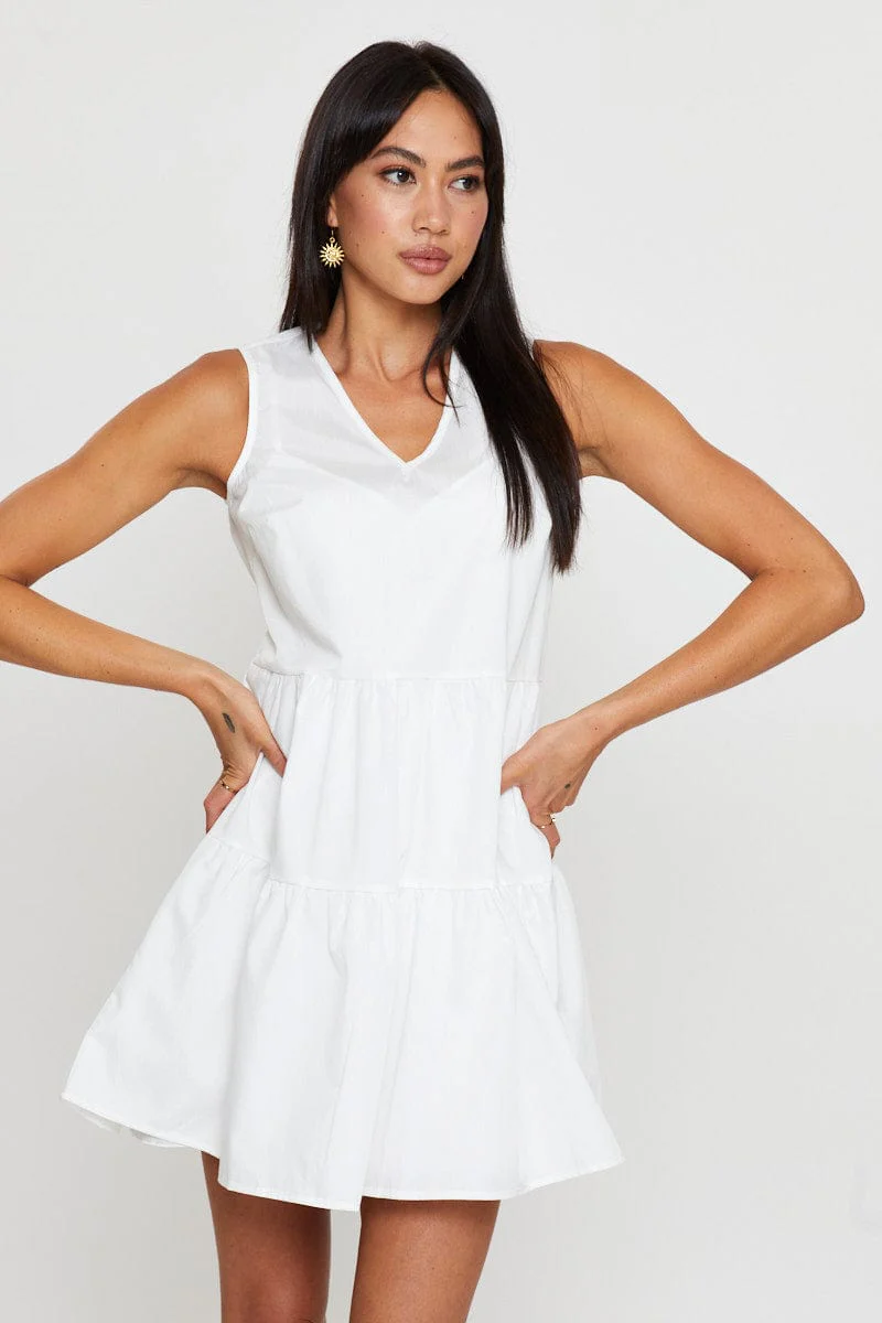 White A Line Dress Mini V Neck - Image 3