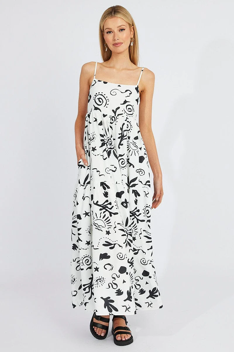 White Abstract Maxi Dress Strappy Tiered - Image 2