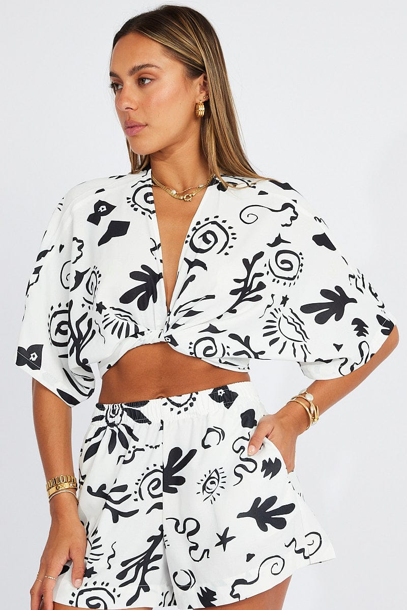 White Abstract Tie Up Bolero Short Sleeve - Image 3