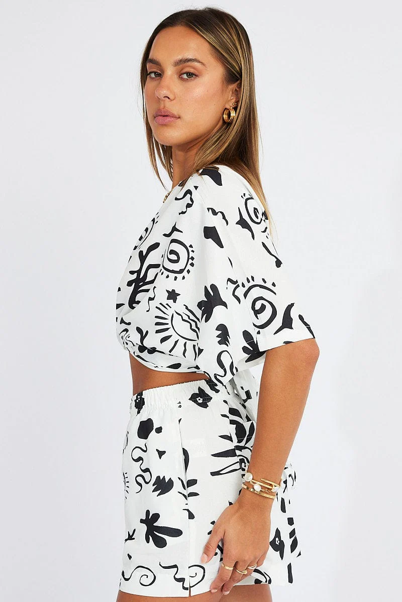 White Abstract Tie Up Bolero Short Sleeve - Image 4