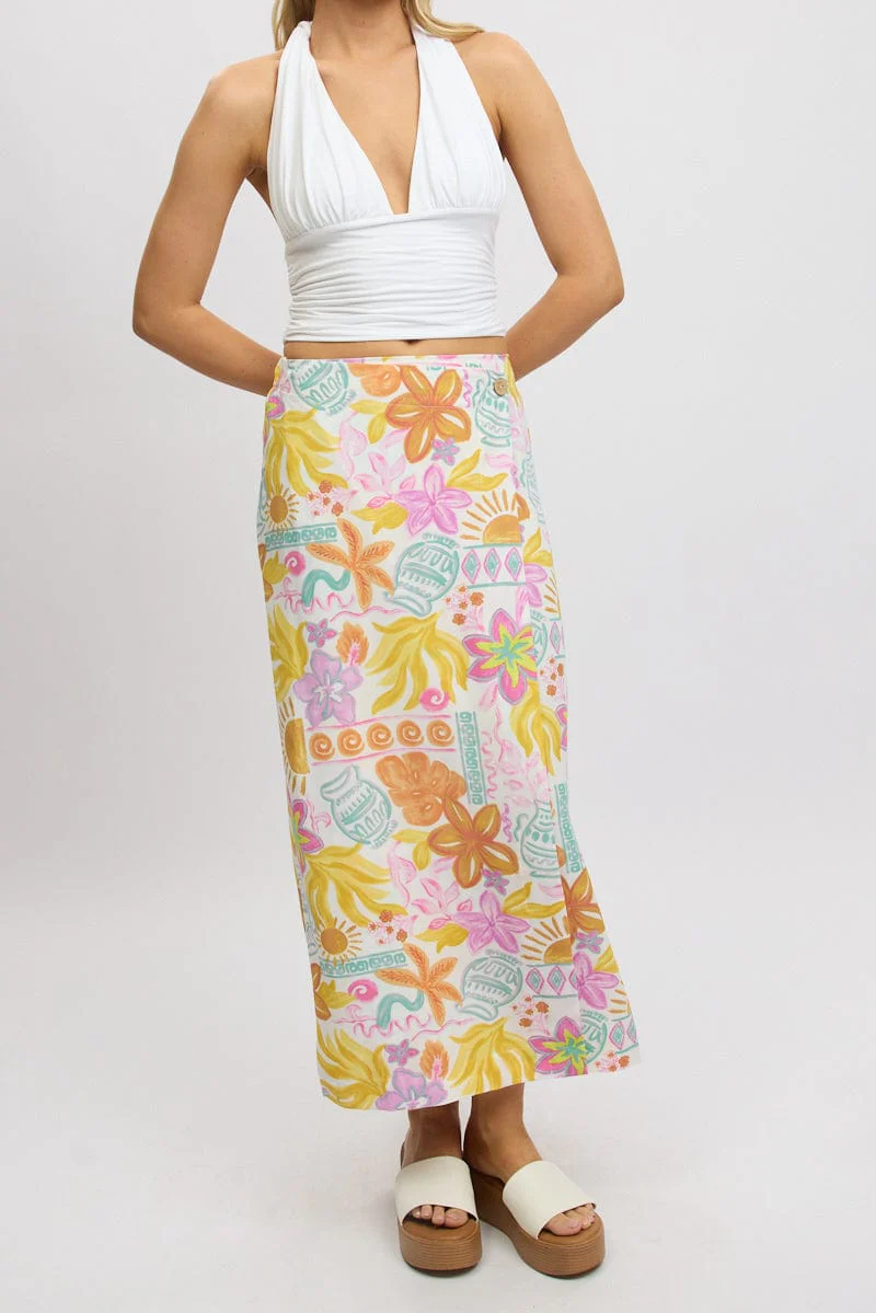 White Abstract Wrap Skirt High Waisted Midaxi - Image 2