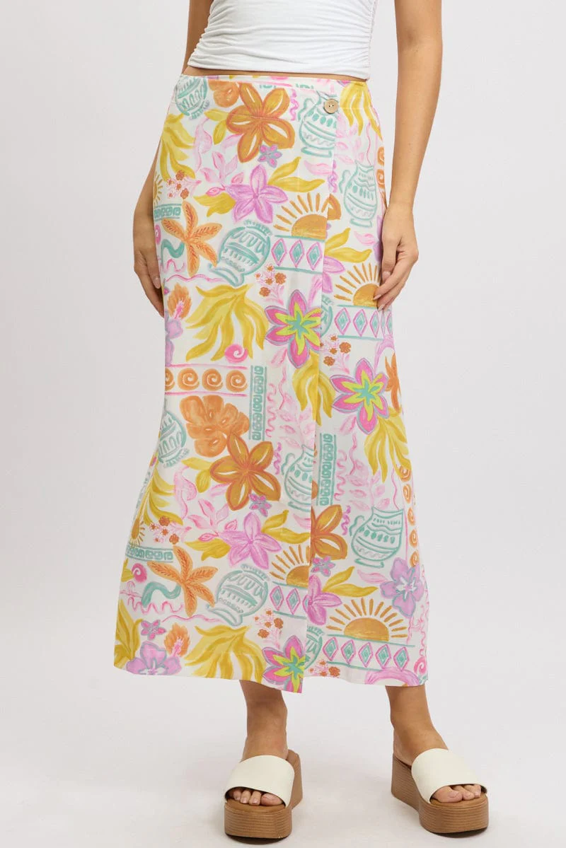 White Abstract Wrap Skirt High Waisted Midaxi - Image 3