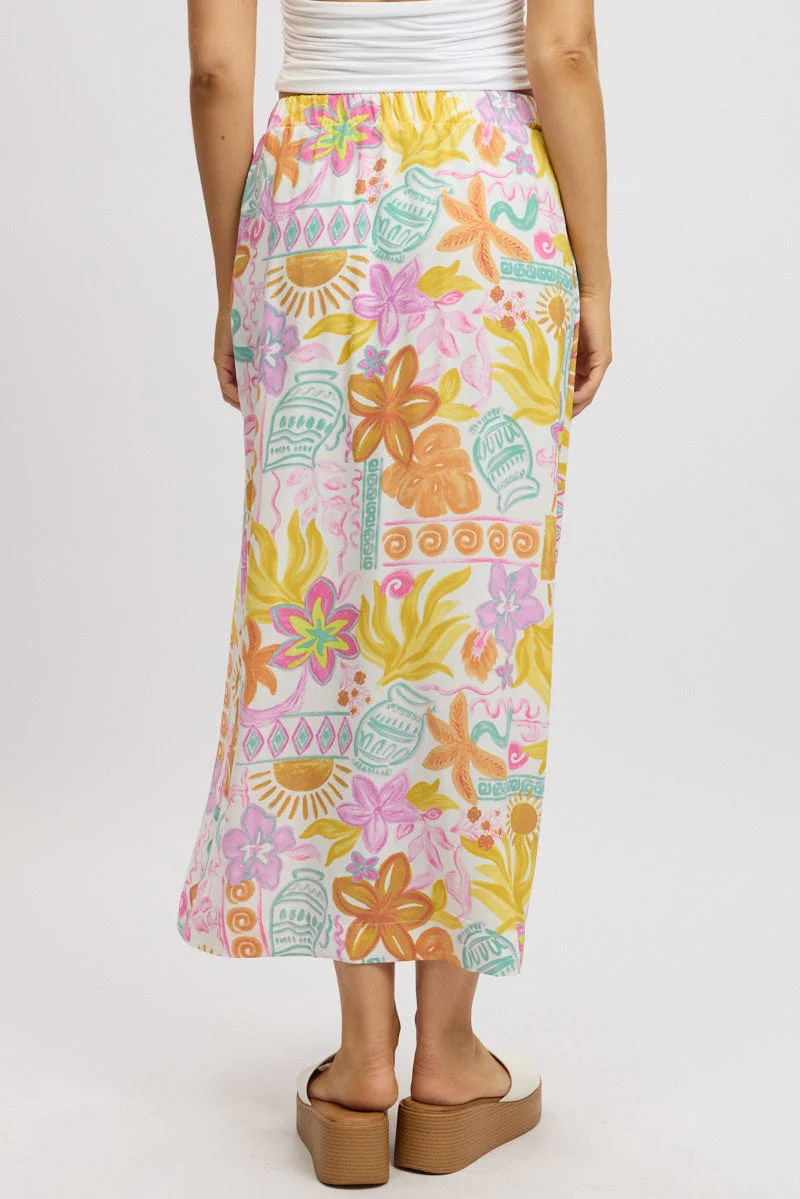 White Abstract Wrap Skirt High Waisted Midaxi - Image 5