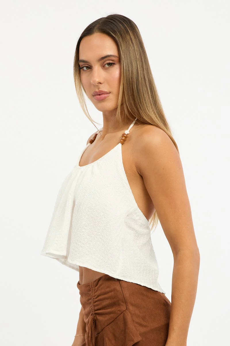 White Beaded Halter Top Sleeveless Textured - Image 4