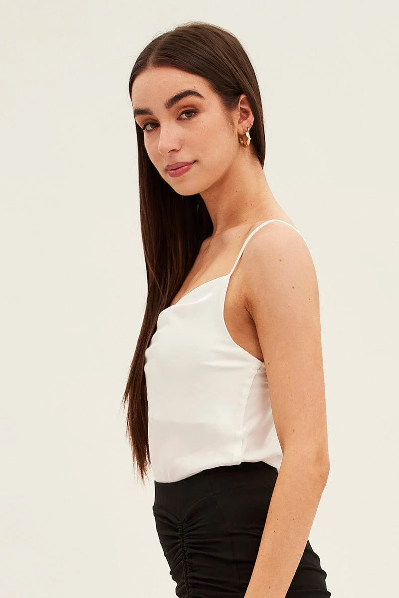 White Bodysuit Cami Sleeveless Cowl Neck Satin - Image 4