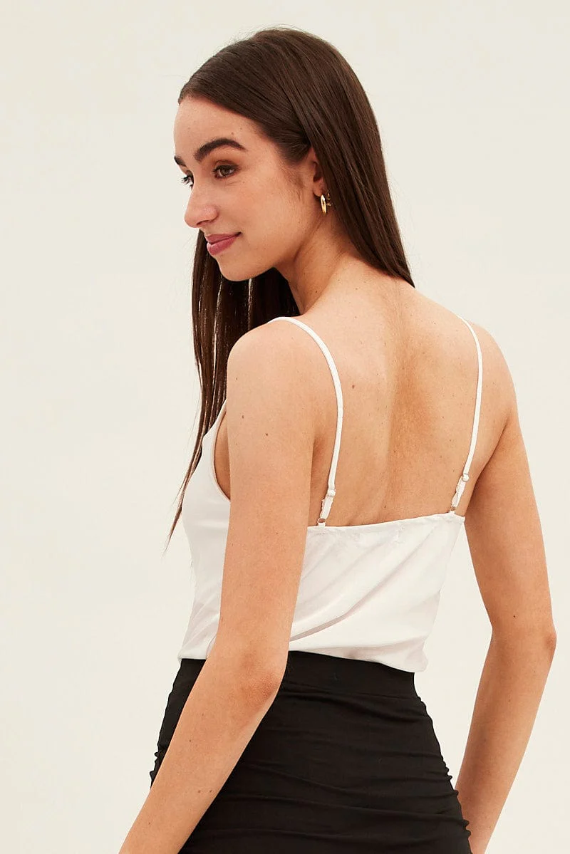 White Bodysuit Cami Sleeveless Cowl Neck Satin - Image 5