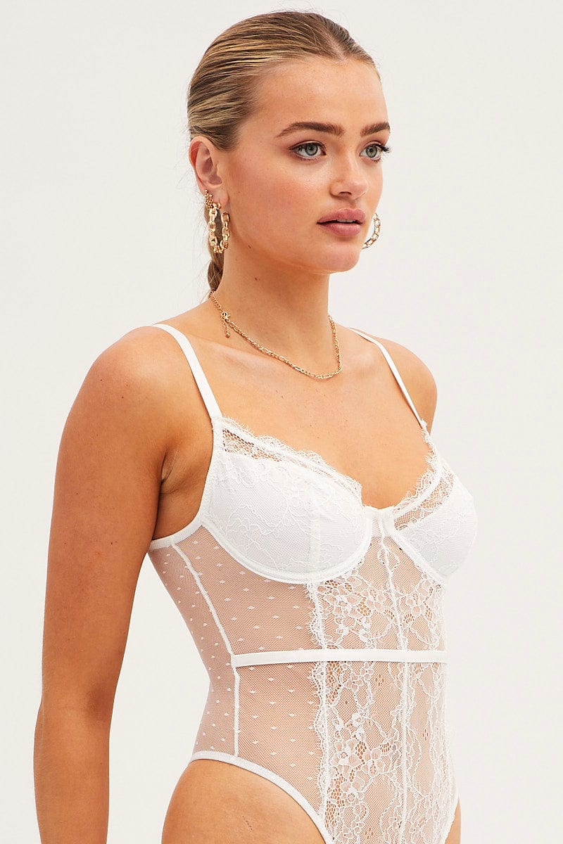 White Bodysuit Sleeveless Sweetheart Lace Jersey - Image 2