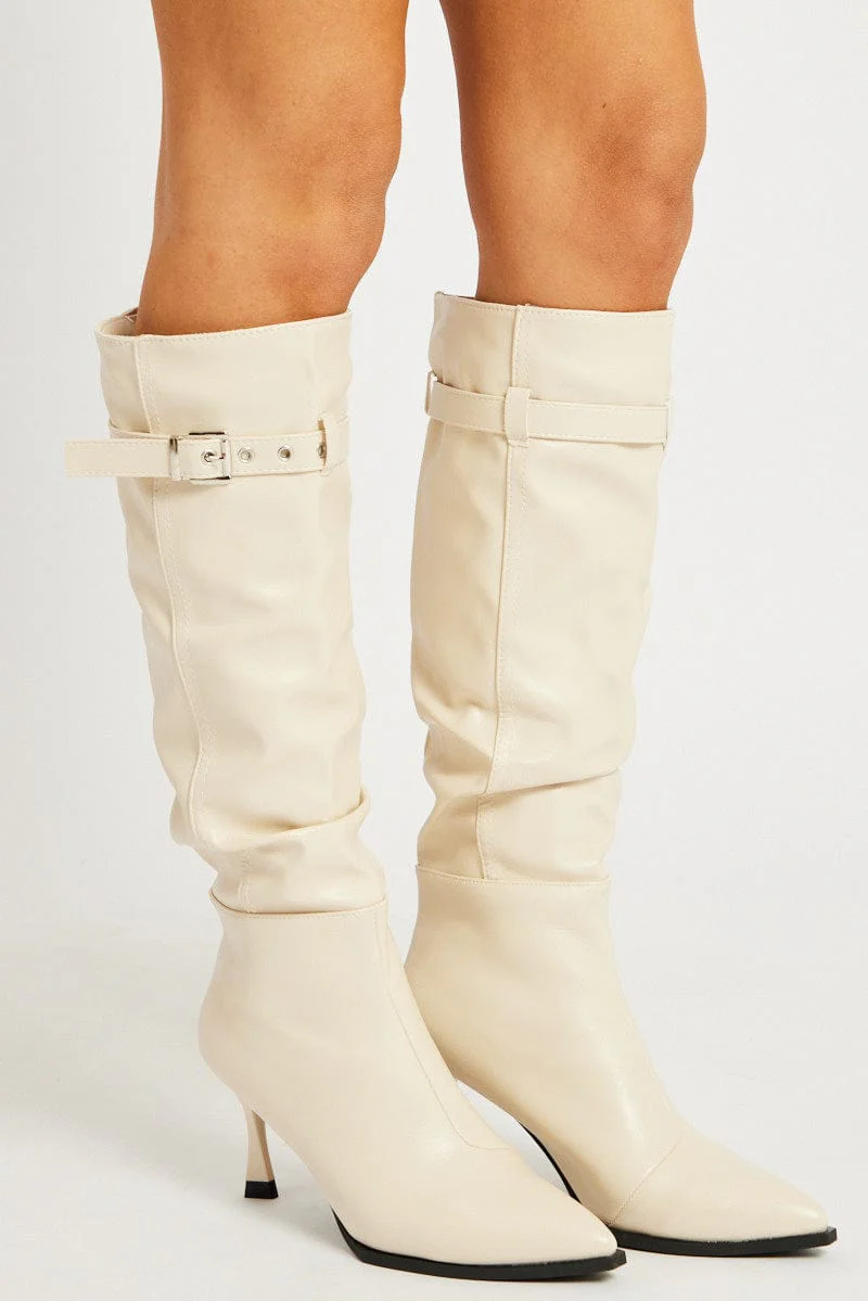 White Buckle Detail Ruched Boots - Image 2