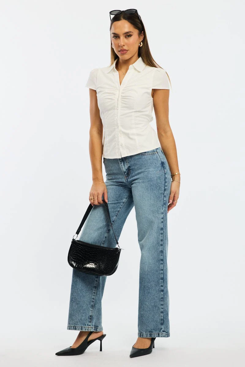 White Button Up Shirt Short Sleeve Collared Tie Back - Image 3